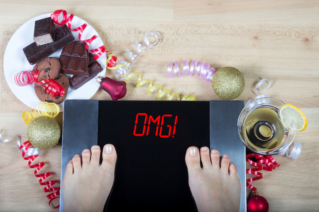 View of scale reading "OMG" and plate of holiday treats, fitness during the holidays